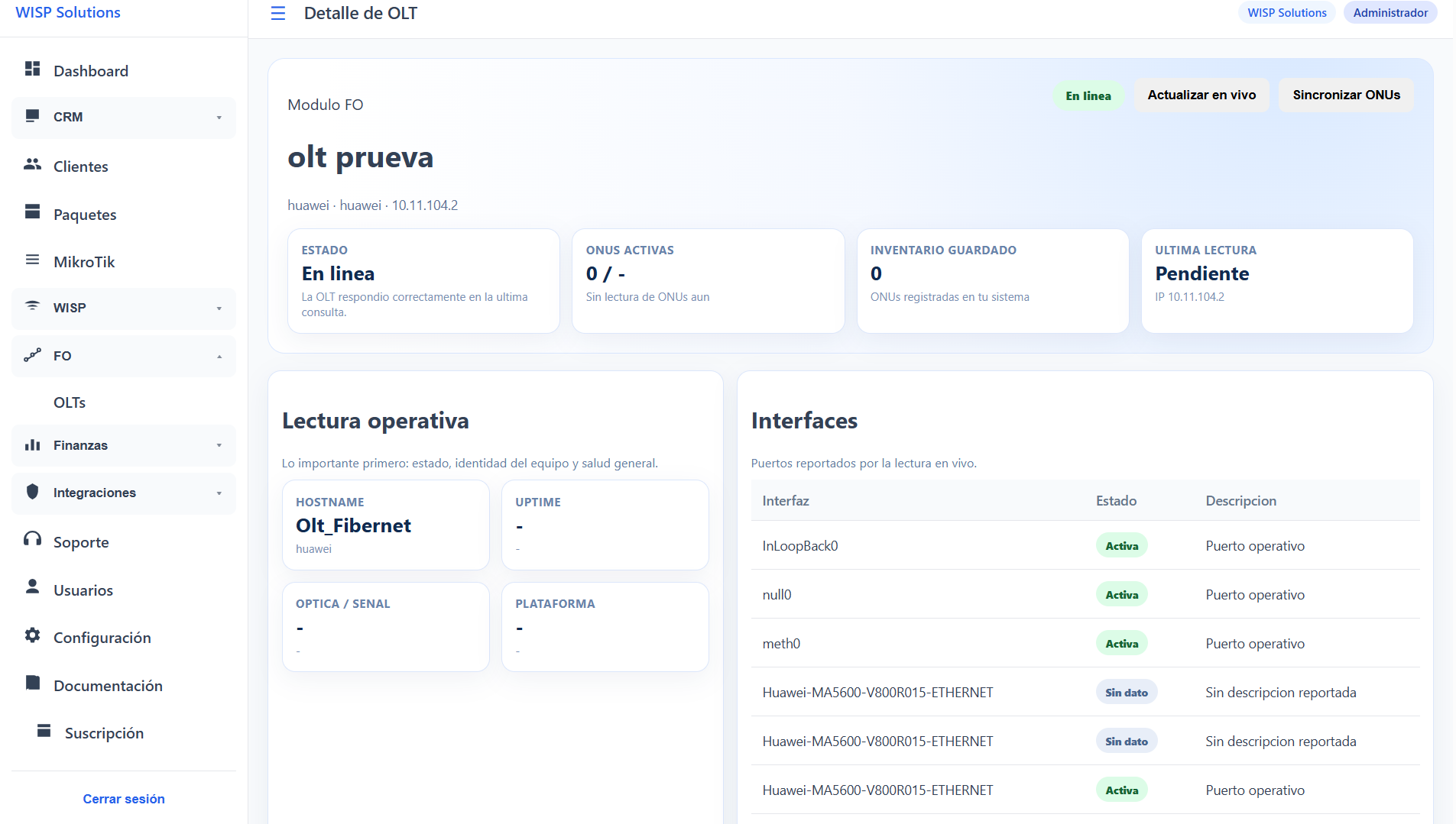 Vista adicional del módulo FO
