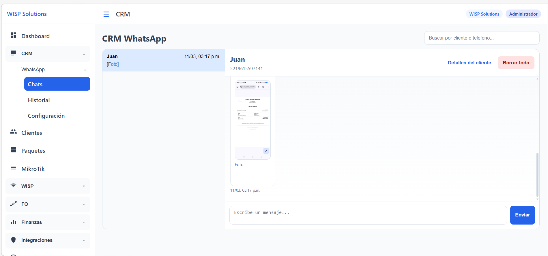 Vista del módulo de WhatsApp