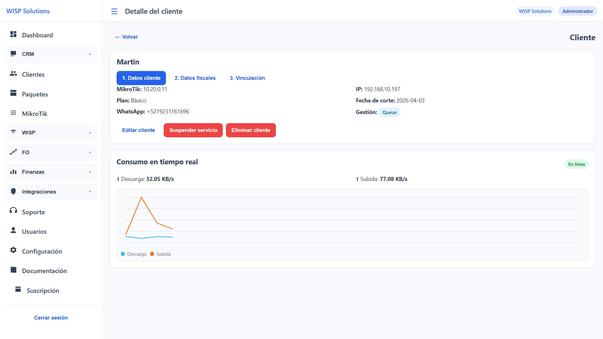 Vista del cliente y consumo en el sistema